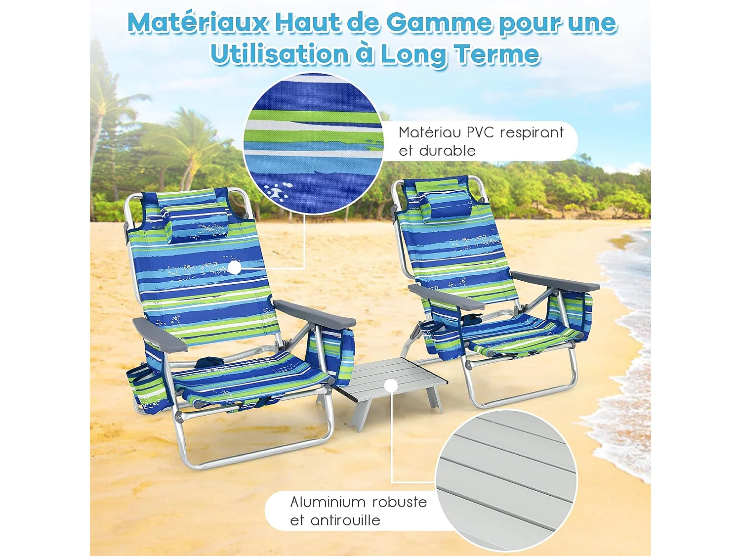 Lot de 2 Chaises de Plage Pliante avec Table Enroulable en Aluminium, Fauteuil de Jardin Inclinables à 5 Positions Charge Max 136 KG (Bleu+Vert)