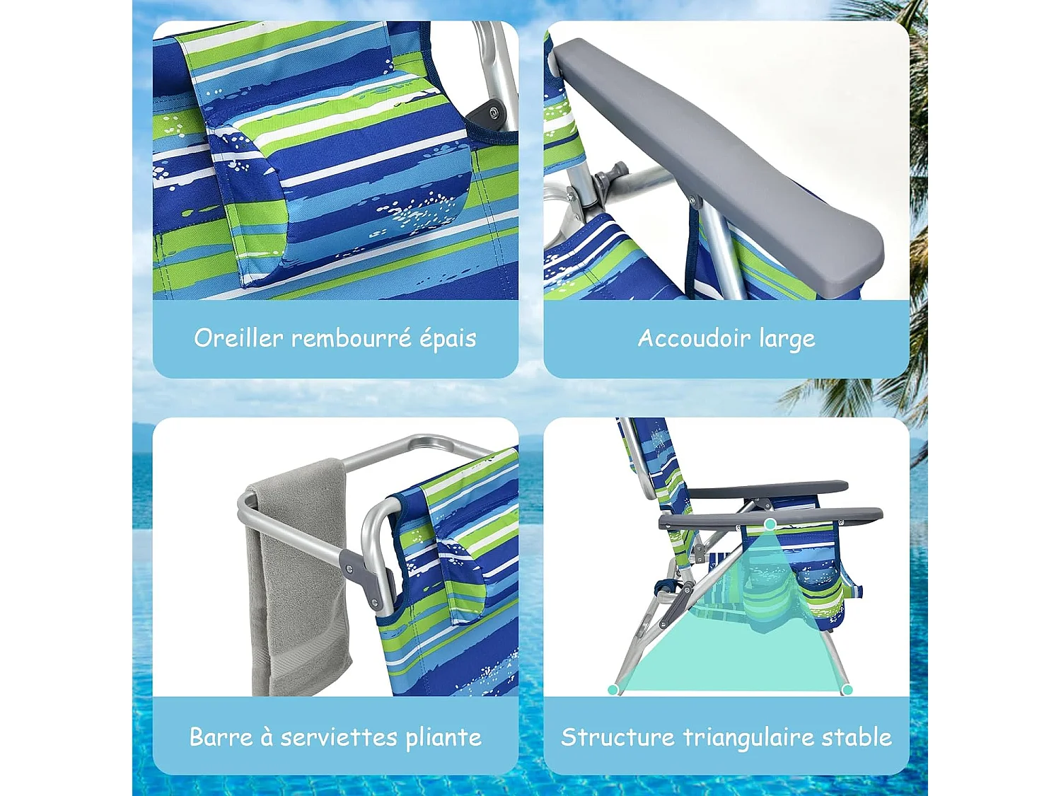 Lot de 2 Chaises de Plage Pliante avec Table Enroulable en Aluminium, Fauteuil de Jardin Inclinables à 5 Positions Charge Max 136 KG (Bleu+Vert)
