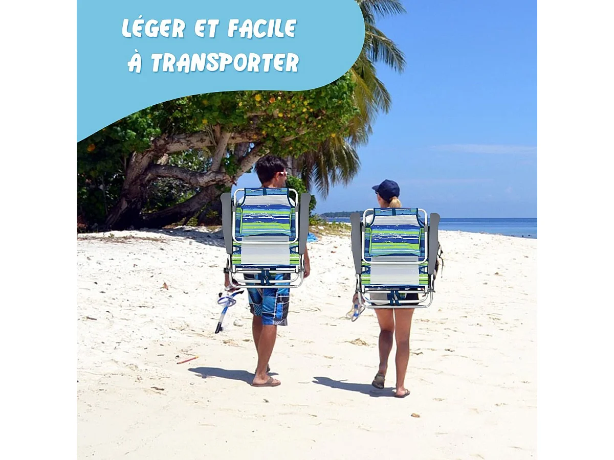 Lot de 2 Chaises de Plage Pliante avec Table Enroulable en Aluminium, Fauteuil de Jardin Inclinables à 5 Positions Charge Max 136 KG (Bleu+Vert)