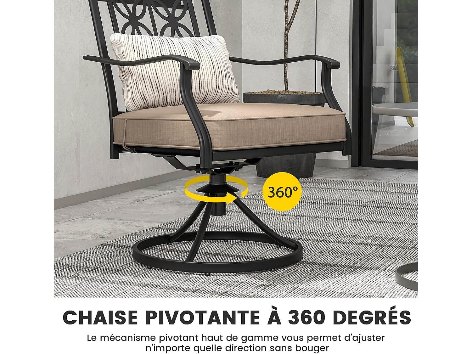 Lot de 2 Chaises de Jardin avec Coussin Amovible, Chaises Pivotantes à 360° avec Cadre en Métal, Dossier à Motif Fleuri, Charge 150 KG (Style 1)