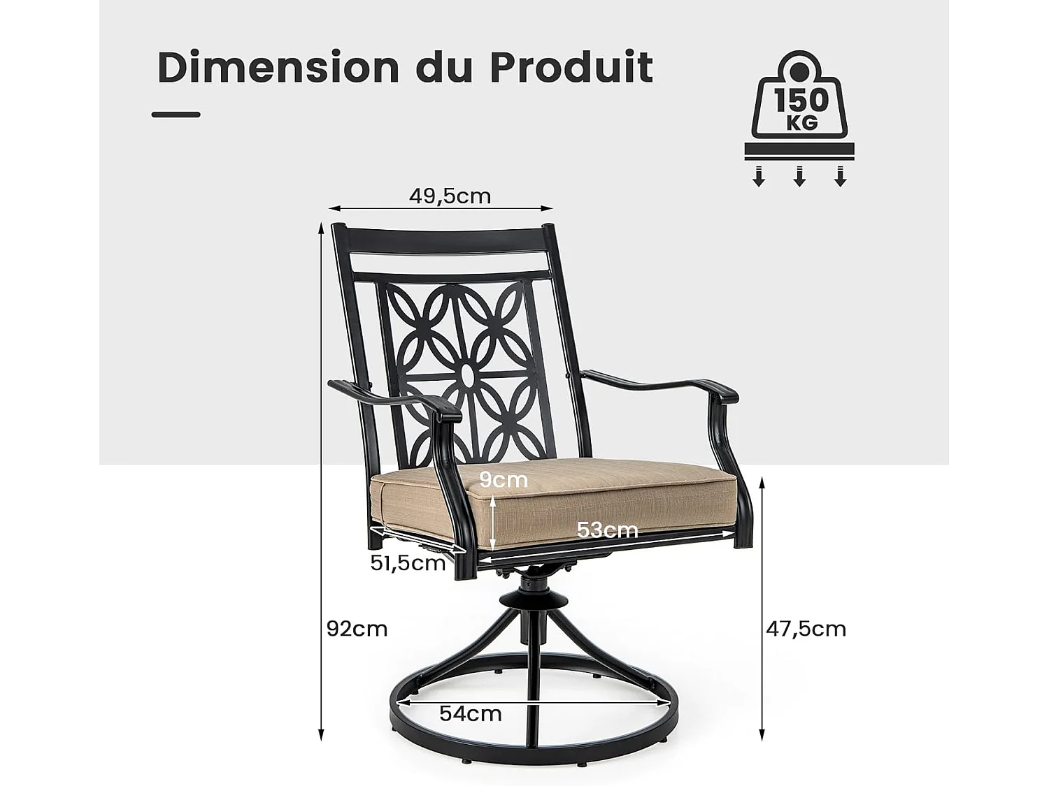 Lot de 2 Chaises de Jardin avec Coussin Amovible, Chaises Pivotantes à 360° avec Cadre en Métal, Dossier à Motif Fleuri, Charge 150 KG (Style 1)