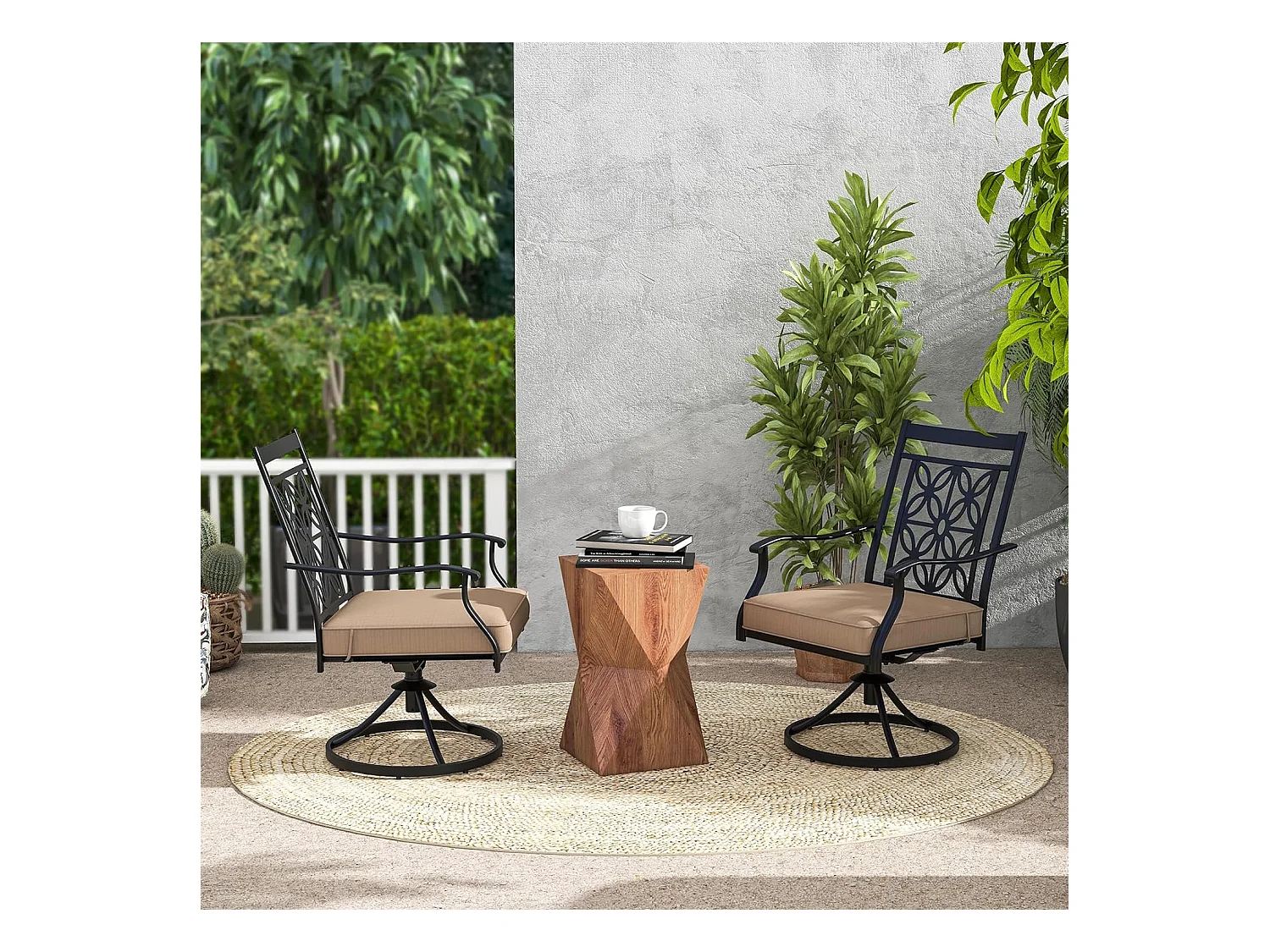 Lot de 2 Chaises de Jardin avec Coussin Amovible, Chaises Pivotantes à 360° avec Cadre en Métal, Dossier à Motif Fleuri, Charge 150 KG (Style 1)