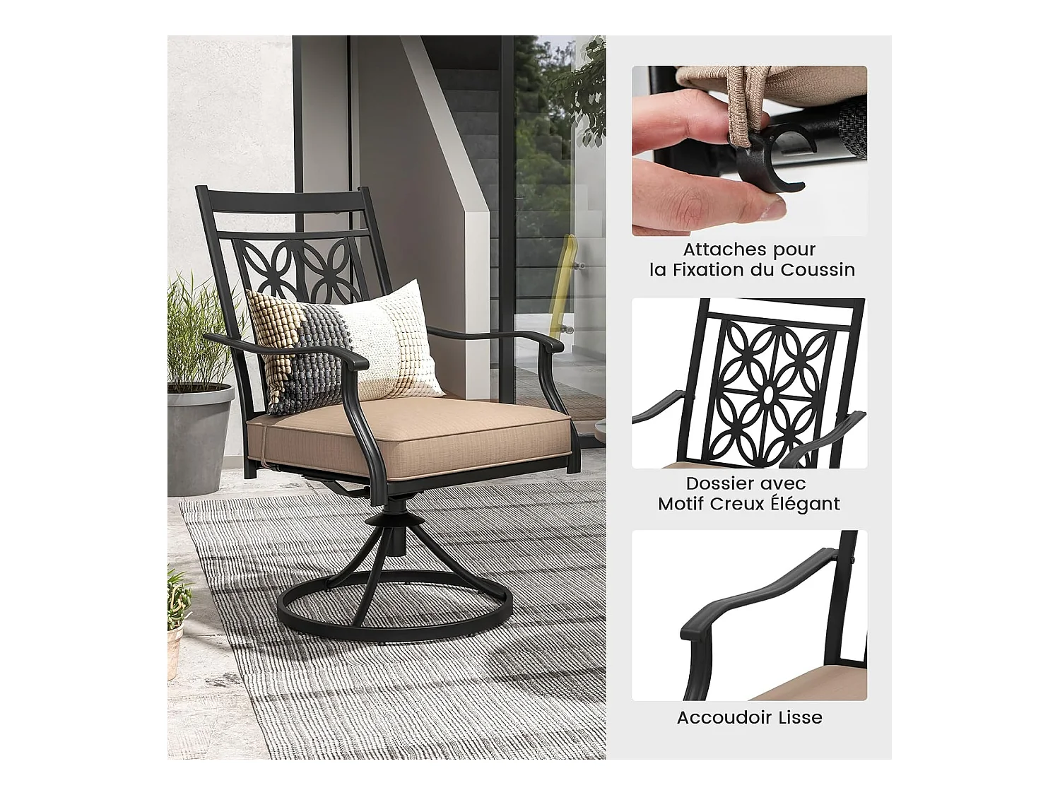 Lot de 2 Chaises de Jardin avec Coussin Amovible, Chaises Pivotantes à 360° avec Cadre en Métal, Dossier à Motif Fleuri, Charge 150 KG (Style 1)