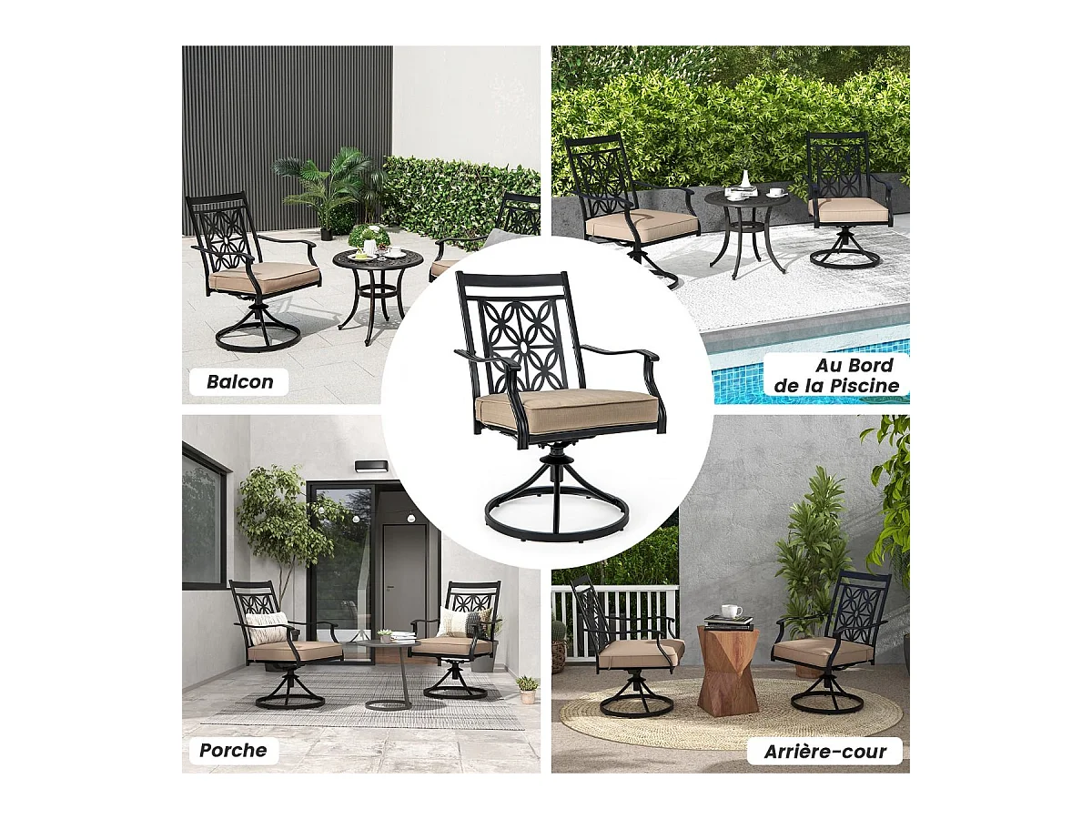 Lot de 2 Chaises de Jardin avec Coussin Amovible, Chaises Pivotantes à 360° avec Cadre en Métal, Dossier à Motif Fleuri, Charge 150 KG (Style 1)