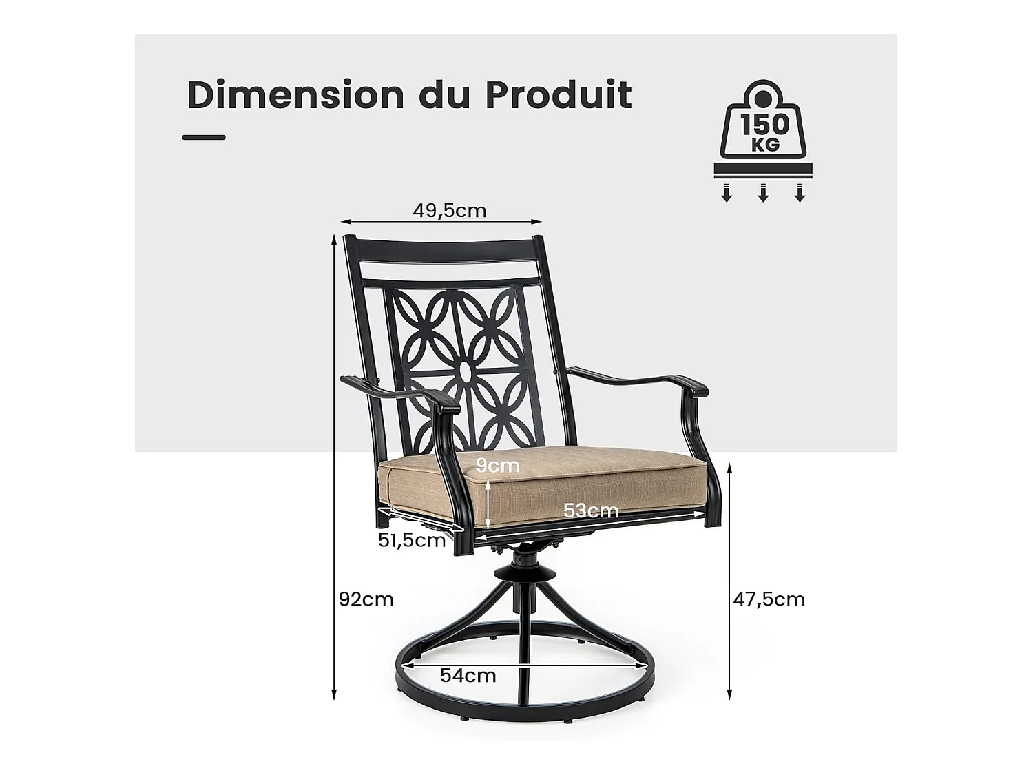 Lot de 2 Chaises de Jardin avec Coussin Amovible, Chaises Pivotantes à 360° avec Cadre en Métal, Dossier à Motif Fleuri, Charge 150 KG (Style 1)