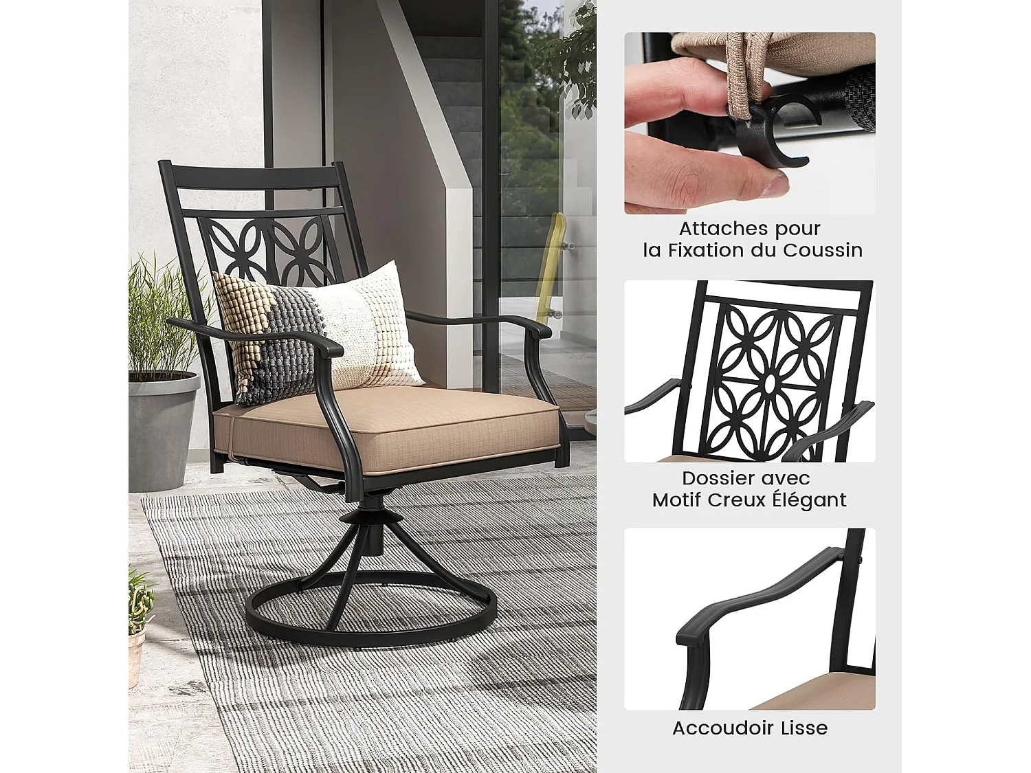 Lot de 2 Chaises de Jardin avec Coussin Amovible, Chaises Pivotantes à 360° avec Cadre en Métal, Dossier à Motif Fleuri, Charge 150 KG (Style 1)