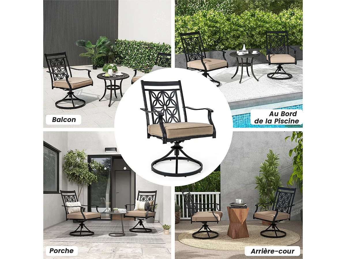 Lot de 2 Chaises de Jardin avec Coussin Amovible, Chaises Pivotantes à 360° avec Cadre en Métal, Dossier à Motif Fleuri, Charge 150 KG (Style 1)