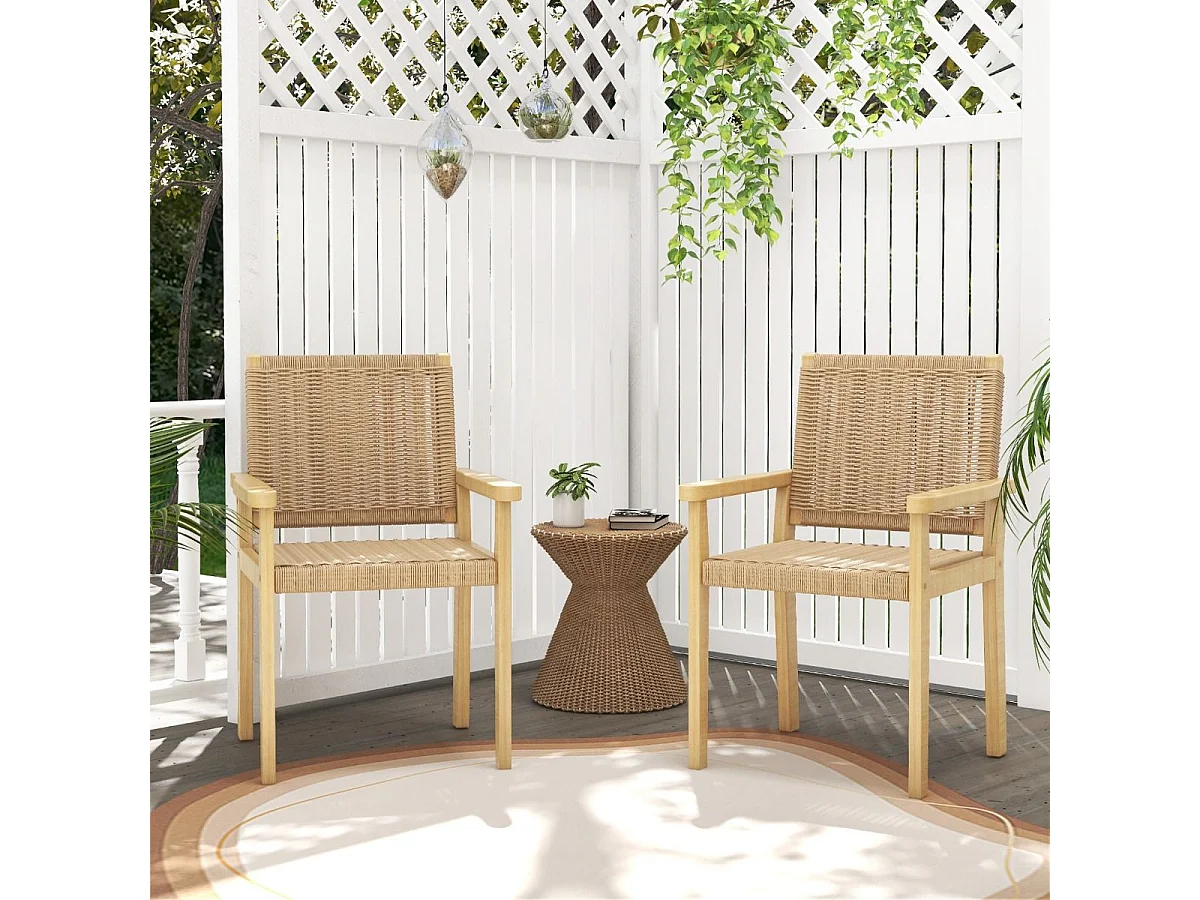 Ensemble de 2 Chaises de Jardin avec Cadre en Bois Massif, Chaises de Salle à Manger pour Patio avec Siège en Corde Tressée, Chaises d'Extérieur