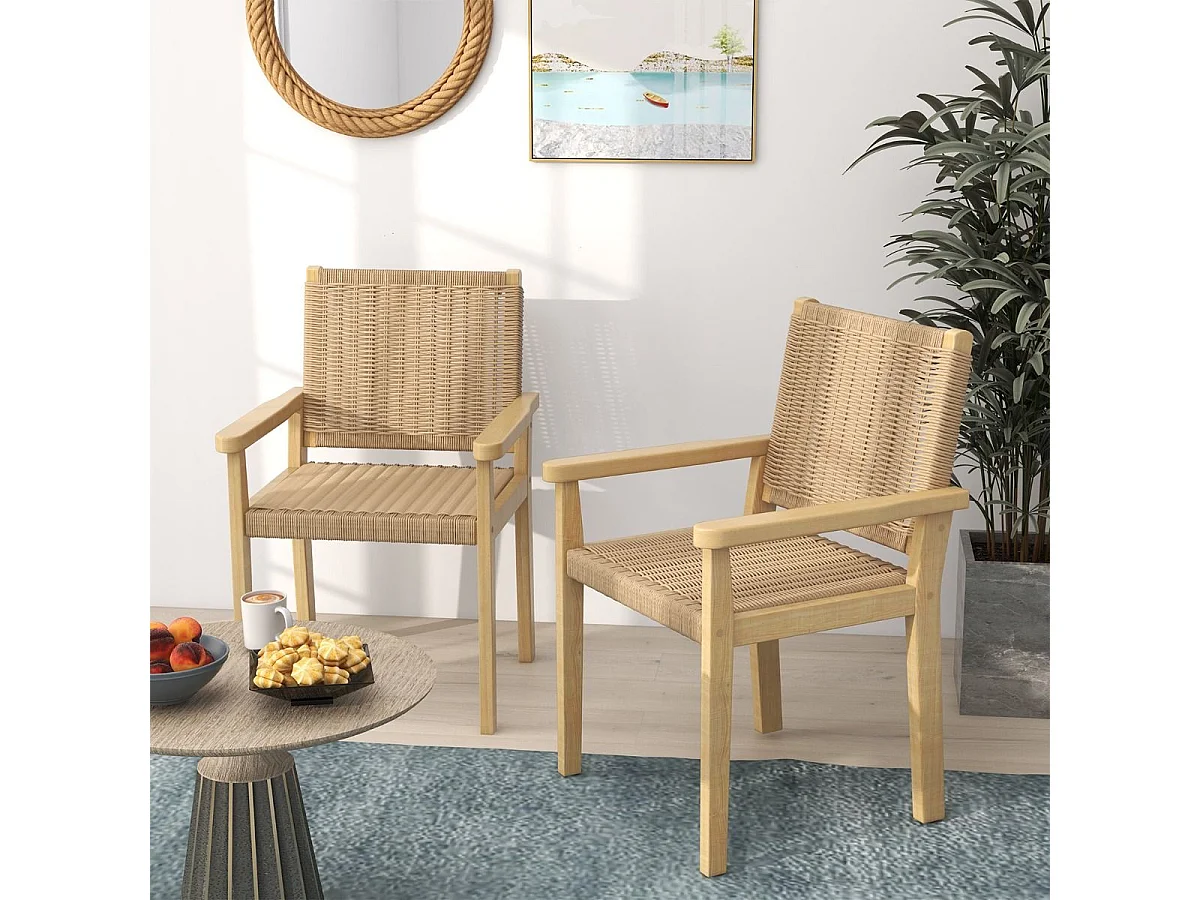Ensemble de 2 Chaises de Jardin avec Cadre en Bois Massif, Chaises de Salle à Manger pour Patio avec Siège en Corde Tressée, Chaises d'Extérieur