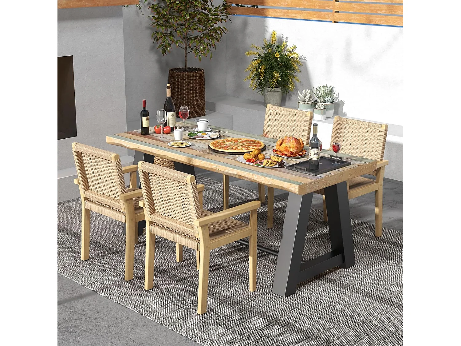 Ensemble de 2 Chaises de Jardin avec Cadre en Bois Massif, Chaises de Salle à Manger pour Patio avec Siège en Corde Tressée, Chaises d'Extérieur