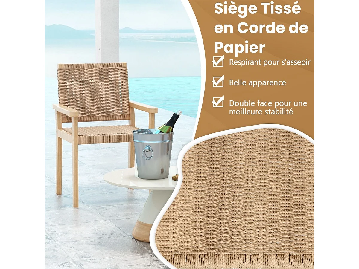 Ensemble de 2 Chaises de Jardin avec Cadre en Bois Massif, Chaises de Salle à Manger pour Patio avec Siège en Corde Tressée, Chaises d'Extérieur