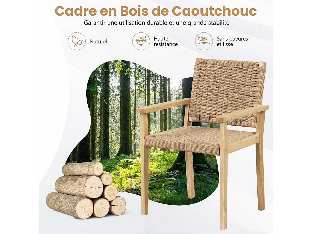 Ensemble de 2 Chaises de Jardin avec Cadre en Bois Massif, Chaises de Salle à Manger pour Patio avec Siège en Corde Tressée, Chaises d'Extérieur
