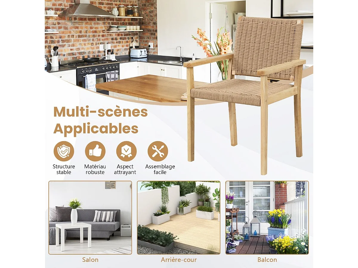 Ensemble de 2 Chaises de Jardin avec Cadre en Bois Massif, Chaises de Salle à Manger pour Patio avec Siège en Corde Tressée, Chaises d'Extérieur
