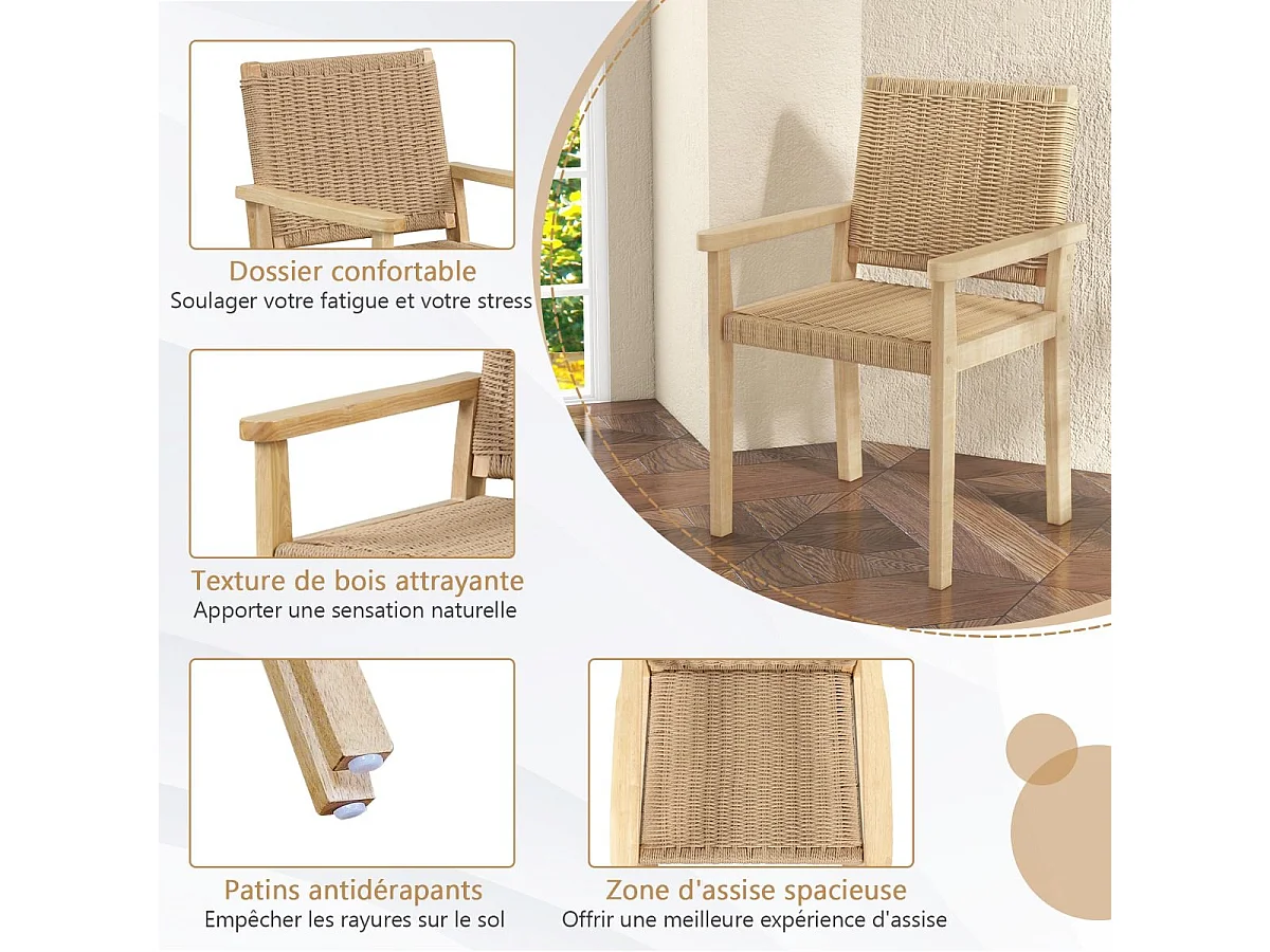 Ensemble de 2 Chaises de Jardin avec Cadre en Bois Massif, Chaises de Salle à Manger pour Patio avec Siège en Corde Tressée, Chaises d'Extérieur