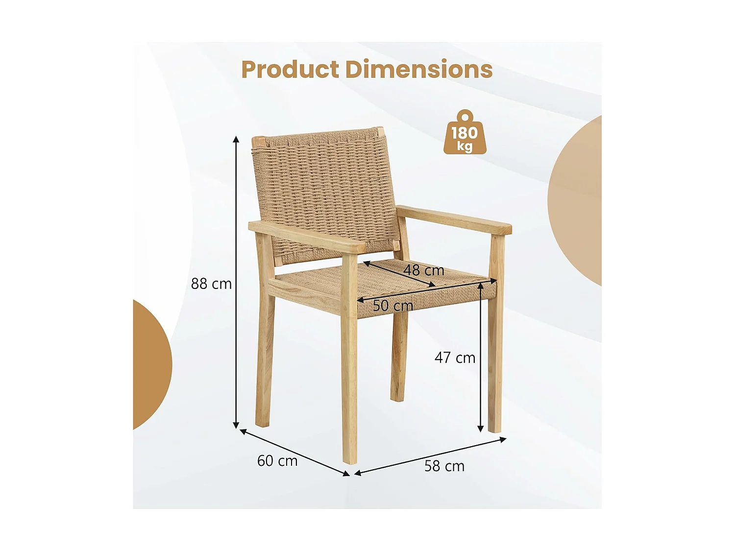 Ensemble de 2 Chaises de Jardin avec Cadre en Bois Massif, Chaises de Salle à Manger pour Patio avec Siège en Corde Tressée, Chaises d'Extérieur