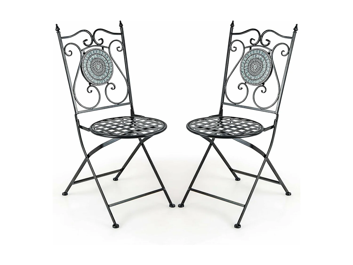Lot de 2 Chaises de Jardin en Mosaïque Cadre en Métal, Chaises de Bistro Pliante avec Dossier Décoratif Charge 150 kg, Style Rétro de Jardin pour Terrasse Balcon