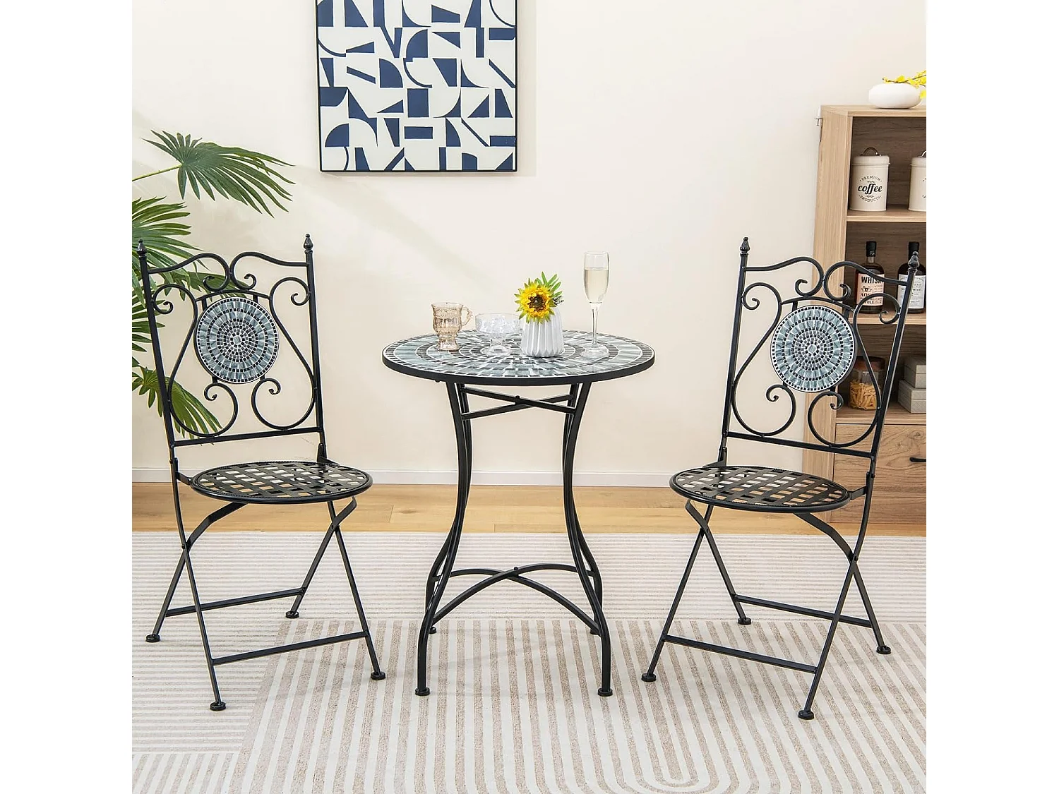 Lot de 2 Chaises de Jardin en Mosaïque Cadre en Métal, Chaises de Bistro Pliante avec Dossier Décoratif Charge 150 kg, Style Rétro de Jardin pour Terrasse Balcon