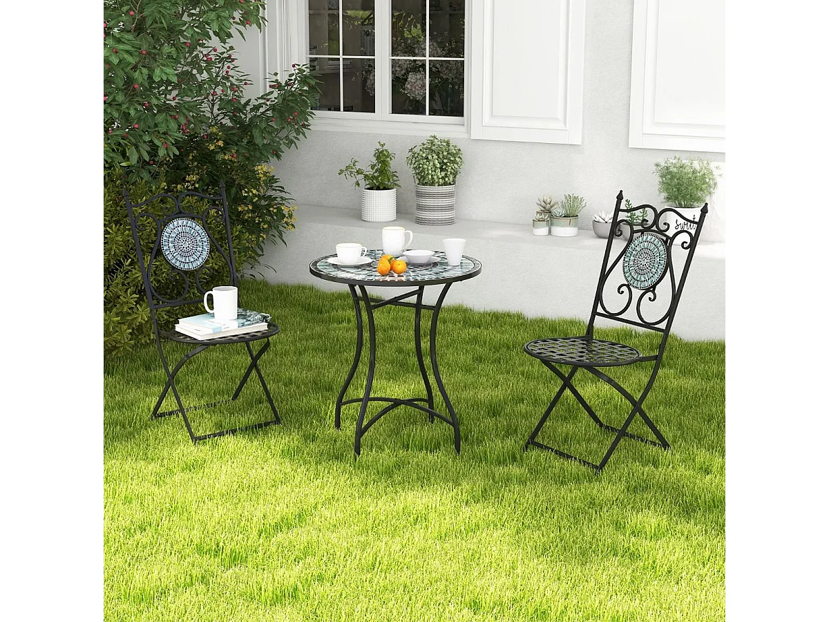 Lot de 2 Chaises de Jardin en Mosaïque Cadre en Métal, Chaises de Bistro Pliante avec Dossier Décoratif Charge 150 kg, Style Rétro de Jardin pour Terrasse Balcon
