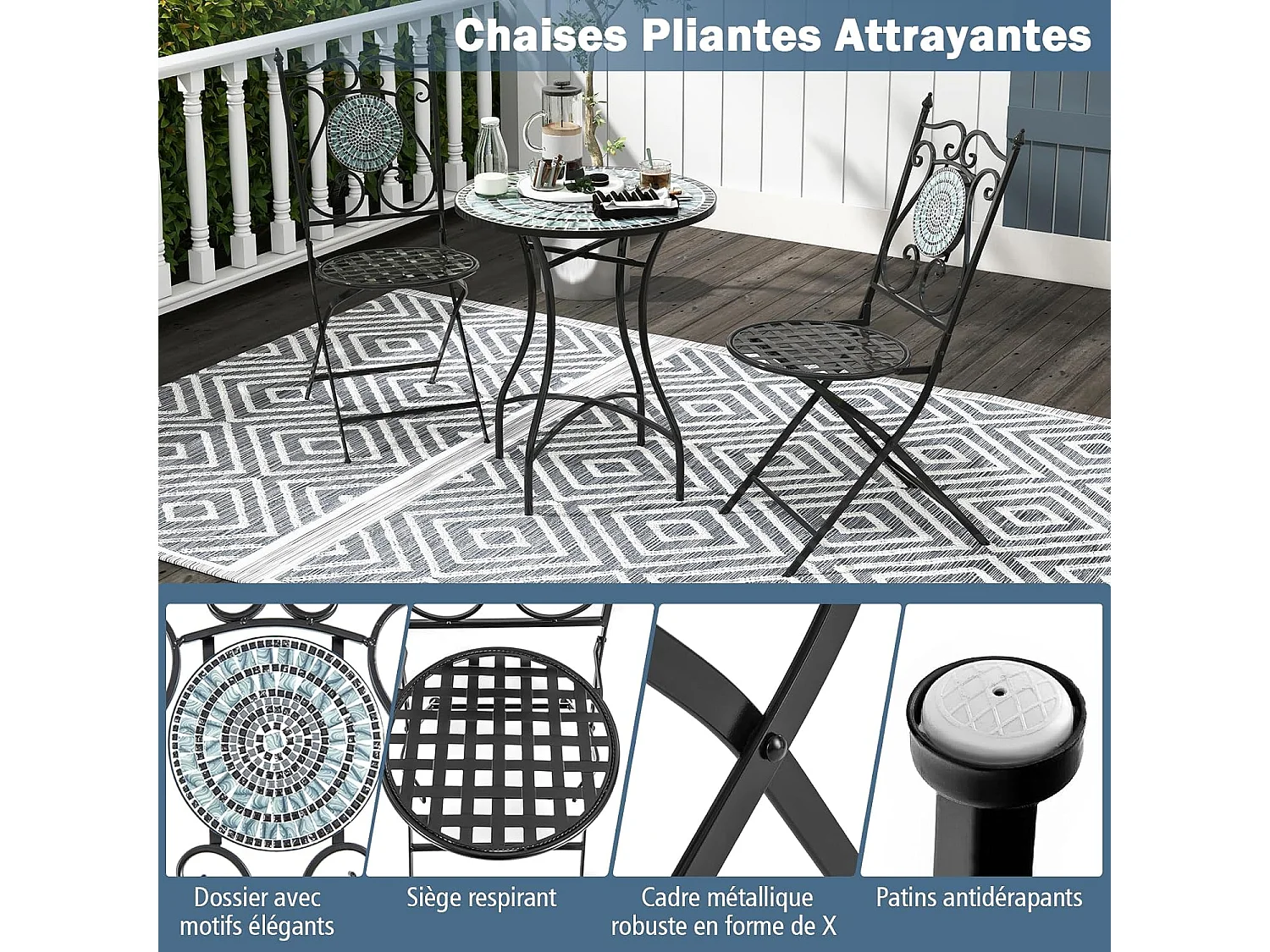 Lot de 2 Chaises de Jardin en Mosaïque Cadre en Métal, Chaises de Bistro Pliante avec Dossier Décoratif Charge 150 kg, Style Rétro de Jardin pour Terrasse Balcon