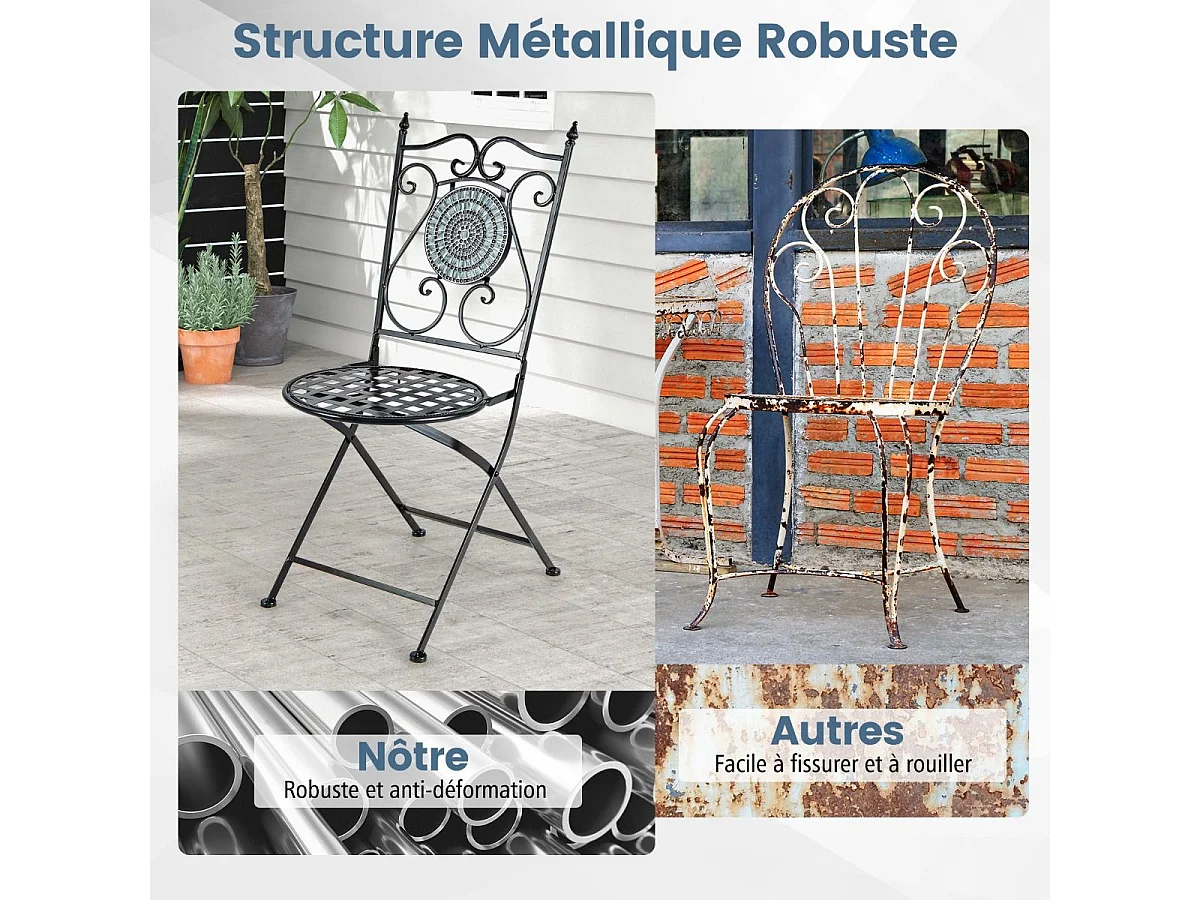 Lot de 2 Chaises de Jardin en Mosaïque Cadre en Métal, Chaises de Bistro Pliante avec Dossier Décoratif Charge 150 kg, Style Rétro de Jardin pour Terrasse Balcon