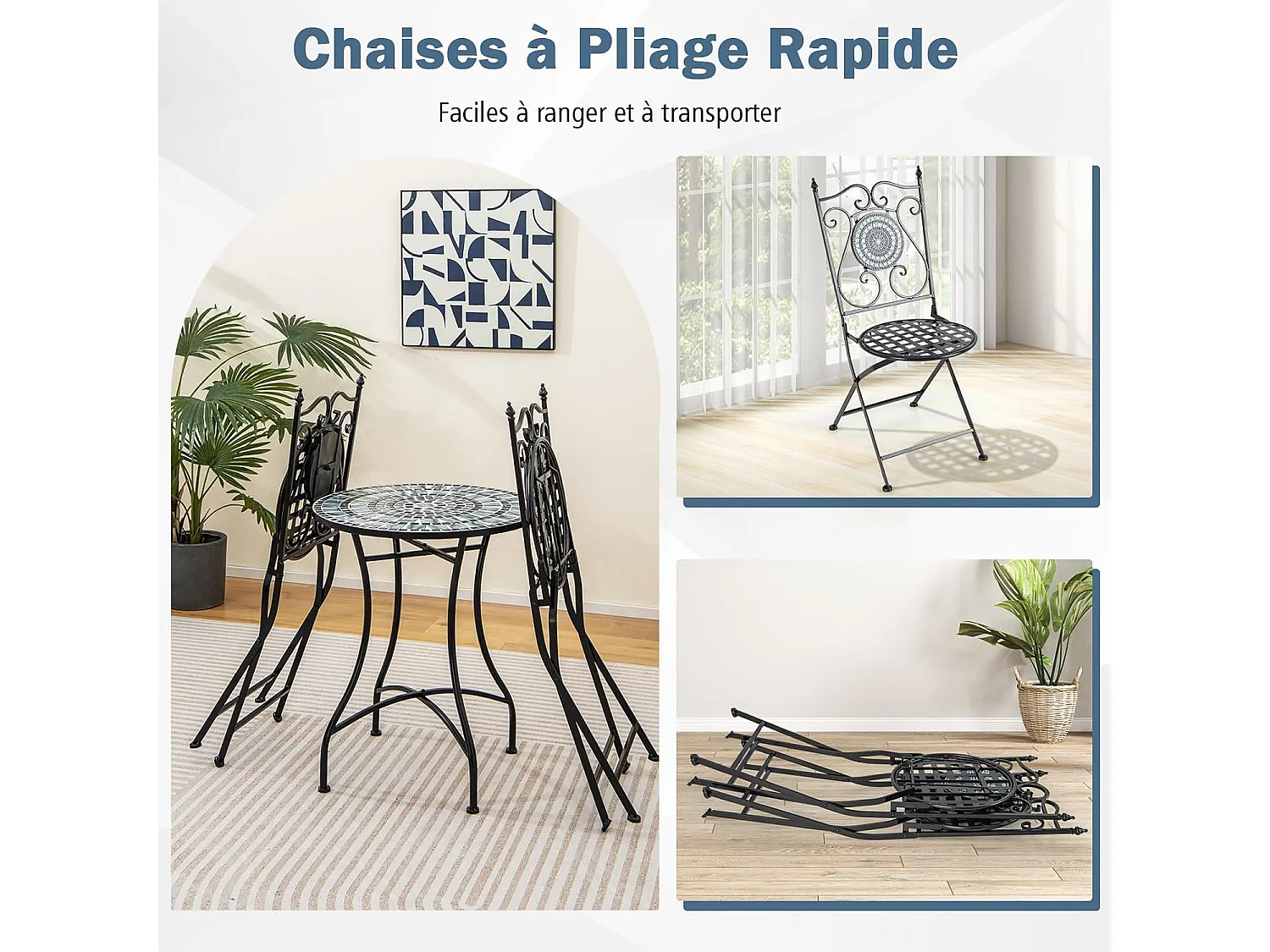Lot de 2 Chaises de Jardin en Mosaïque Cadre en Métal, Chaises de Bistro Pliante avec Dossier Décoratif Charge 150 kg, Style Rétro de Jardin pour Terrasse Balcon