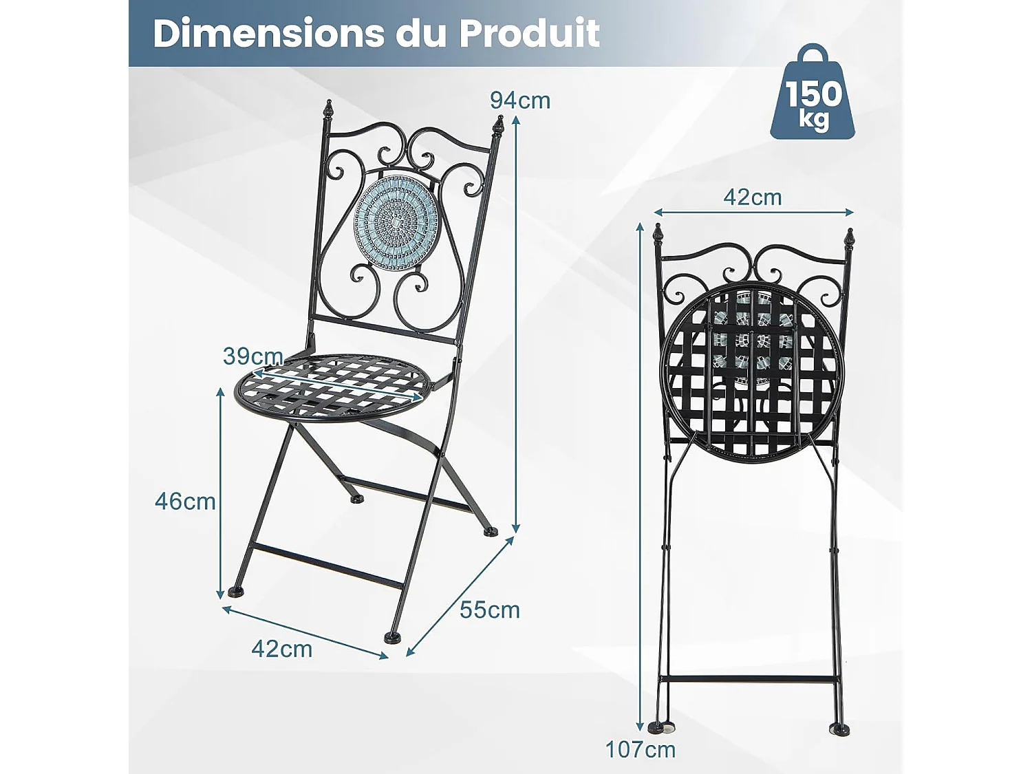Lot de 2 Chaises de Jardin en Mosaïque Cadre en Métal, Chaises de Bistro Pliante avec Dossier Décoratif Charge 150 kg, Style Rétro de Jardin pour Terrasse Balcon