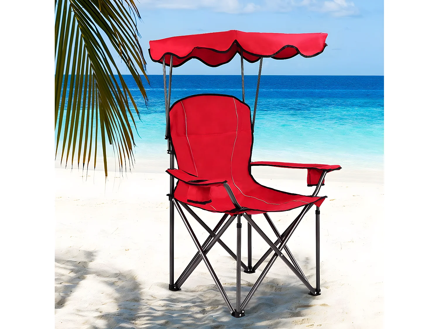 Chaise de CamBoisg avec Parasol/Chaise de Plage Pliante avec Porte-gobelet,Accoudoirs Portable 120 KG pour Plage,Pêche Rouge