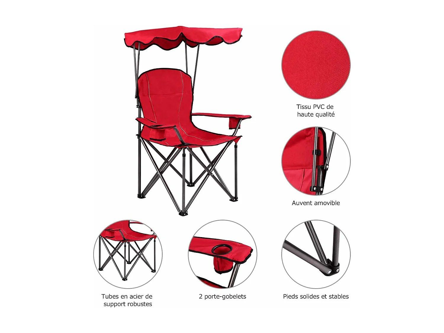 Chaise de CamBoisg avec Parasol/Chaise de Plage Pliante avec Porte-gobelet,Accoudoirs Portable 120 KG pour Plage,Pêche Rouge