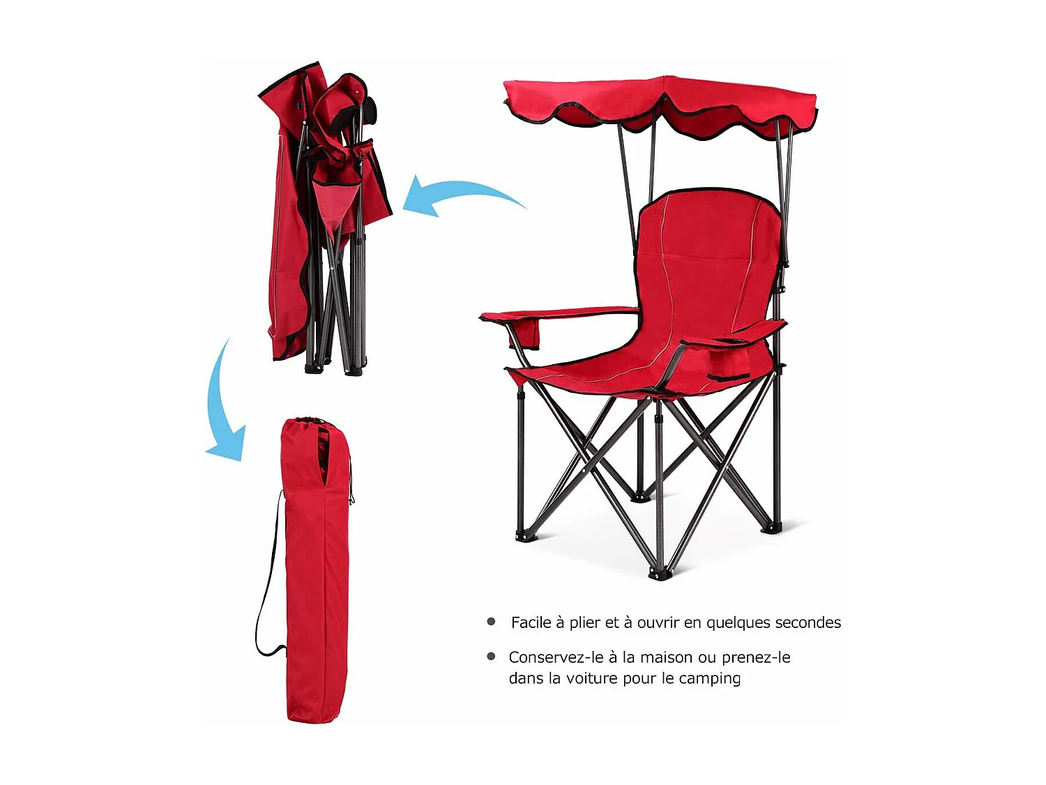 Chaise de CamBoisg avec Parasol/Chaise de Plage Pliante avec Porte-gobelet,Accoudoirs Portable 120 KG pour Plage,Pêche Rouge