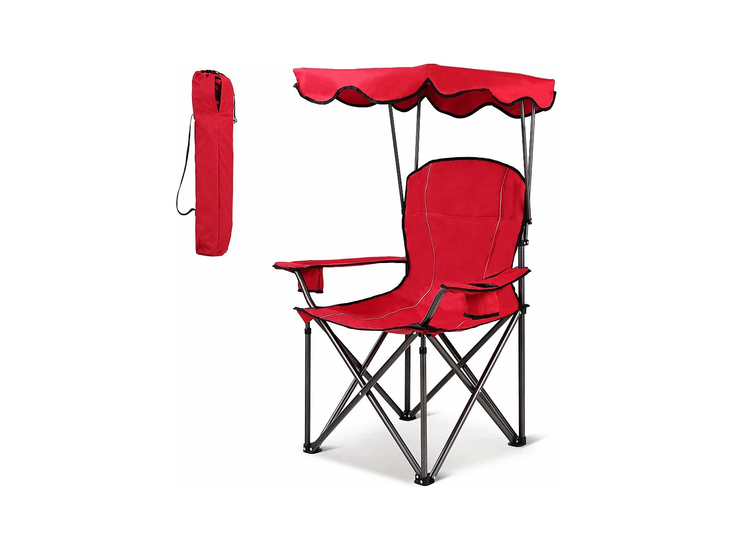 Chaise de CamBoisg avec Parasol/Chaise de Plage Pliante avec Porte-gobelet,Accoudoirs Portable 120 KG pour Plage,Pêche Rouge