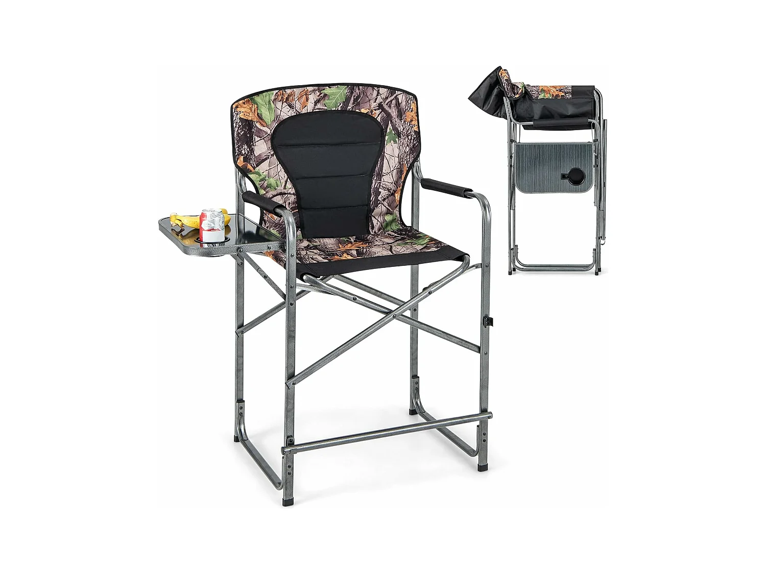 Chaise de CamBoisg Pliante avec Table Latérale et Porte-Gobelet, Chaise de Directeur Robuste avec Repose-Pied Détachable, Chaise de Chasse Portable pour Pêche Randonnée, Supporte 150 KG
