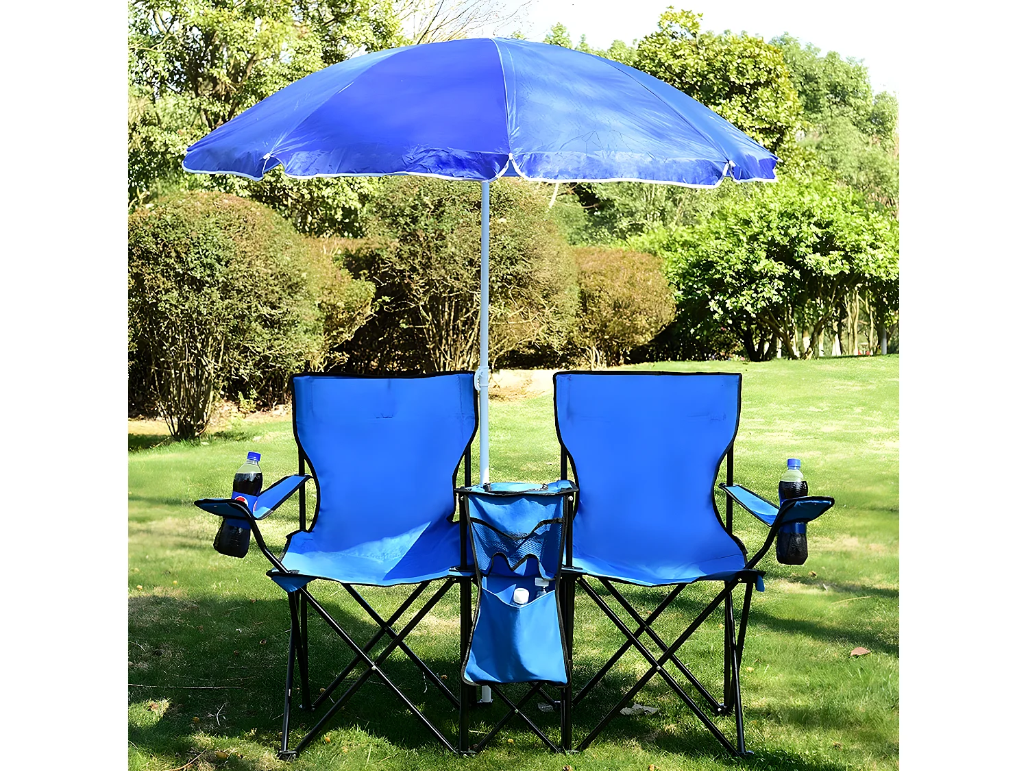 Chaise de CamBoisg Pliante 2 Places en PVC avec Poche Isotherme,Porte-gobelet, Parasol, Accoudoirs Rembourré Portable 113 KG pour Randonnée, Plage, Pêche Bleu