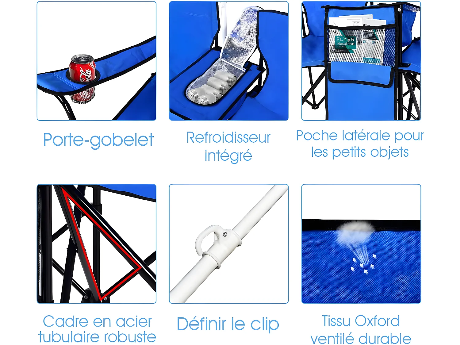 Chaise de CamBoisg Pliante 2 Places en PVC avec Poche Isotherme,Porte-gobelet, Parasol, Accoudoirs Rembourré Portable 113 KG pour Randonnée, Plage, Pêche Bleu