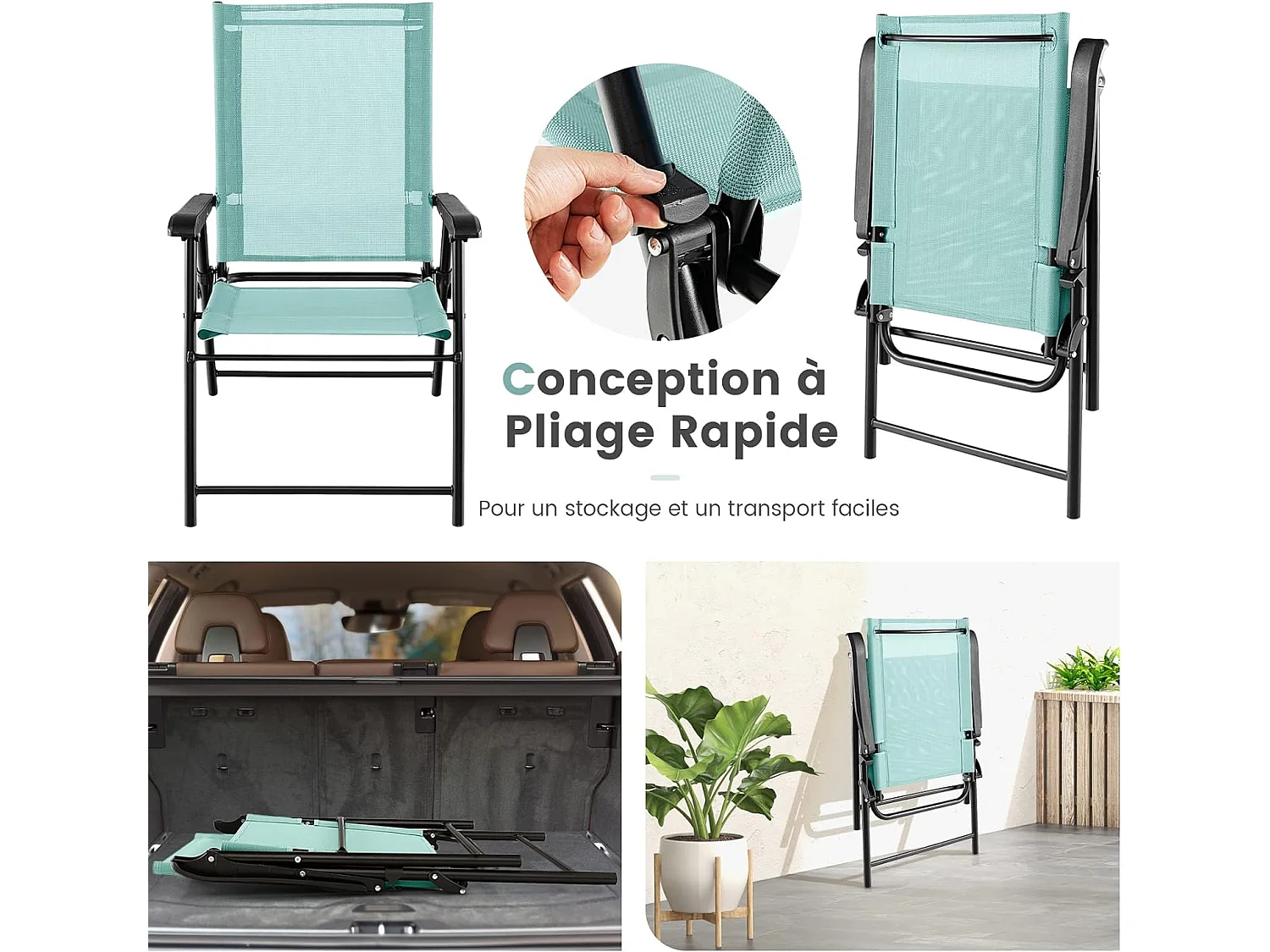 Lot de 2 Chaises de Jardin Pliables en Textilène Respirant Chaises de CamBoisg avec Verrou de sécurité et Dossier Haut Vert