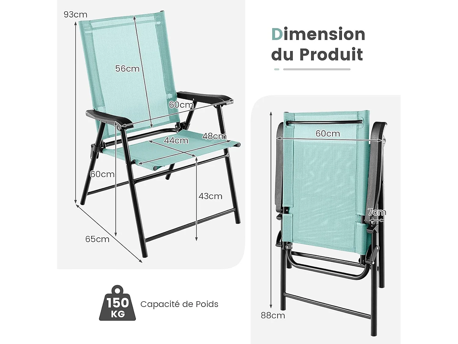 Lot de 2 Chaises de Jardin Pliables en Textilène Respirant Chaises de CamBoisg avec Verrou de sécurité et Dossier Haut Vert