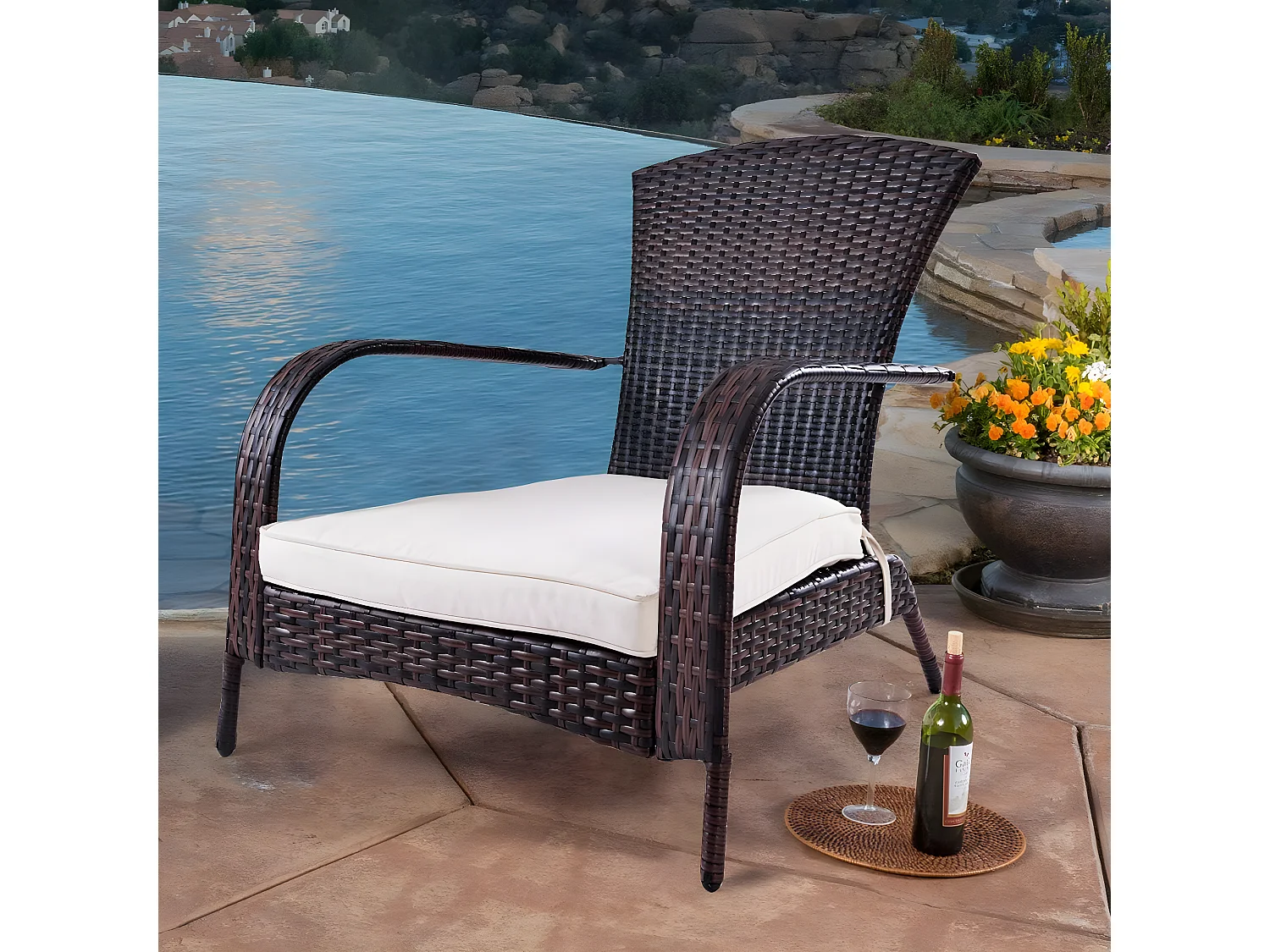 Fauteuil de Jardin en Résine Tressée Marron 78x80x80 CM avec Coussin Lavable pour Jardin Chambre Balcon Salon