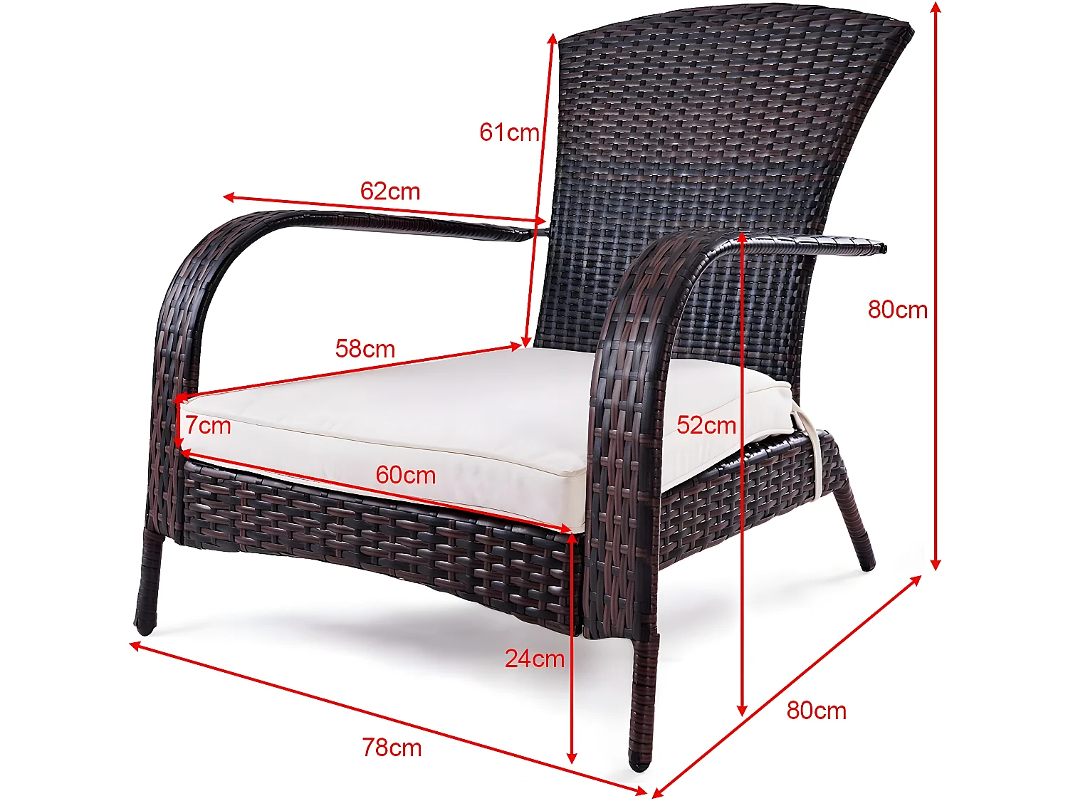 Fauteuil de Jardin en Résine Tressée Marron 78x80x80 CM avec Coussin Lavable pour Jardin Chambre Balcon Salon