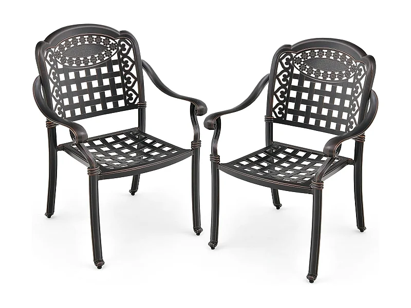 Set van 2 tuinstoelen van gegoten aluminium met armleuningen, stapelbare tuinstoel, voor terras, balkon, tuin (brons, geruit)
