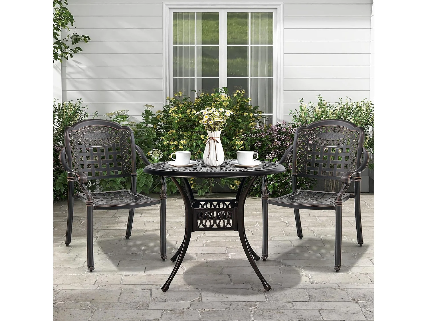 Set van 2 tuinstoelen van gegoten aluminium met armleuningen, stapelbare tuinstoel, voor terras, balkon, tuin (brons, geruit)