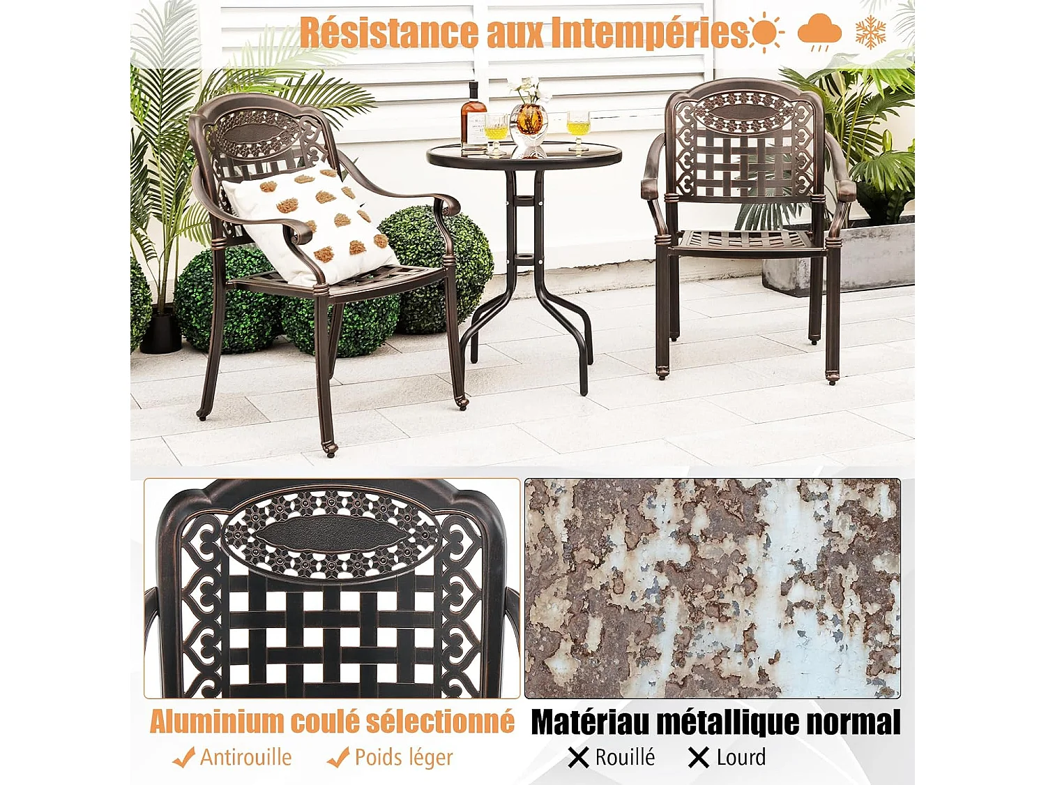 Set van 2 tuinstoelen van gegoten aluminium met armleuningen, stapelbare tuinstoel, voor terras, balkon, tuin (brons, geruit)