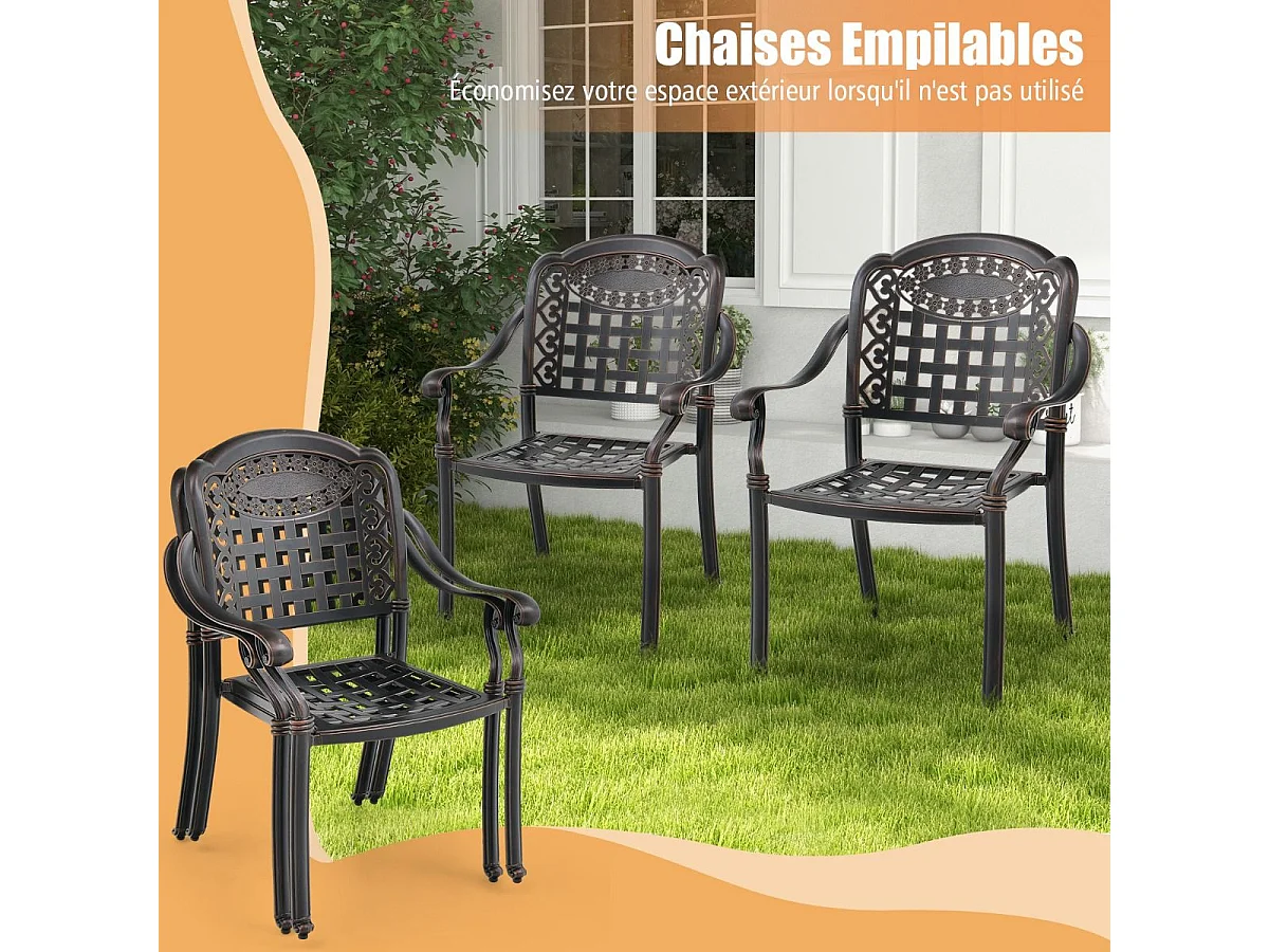 Set van 2 tuinstoelen van gegoten aluminium met armleuningen, stapelbare tuinstoel, voor terras, balkon, tuin (brons, geruit)