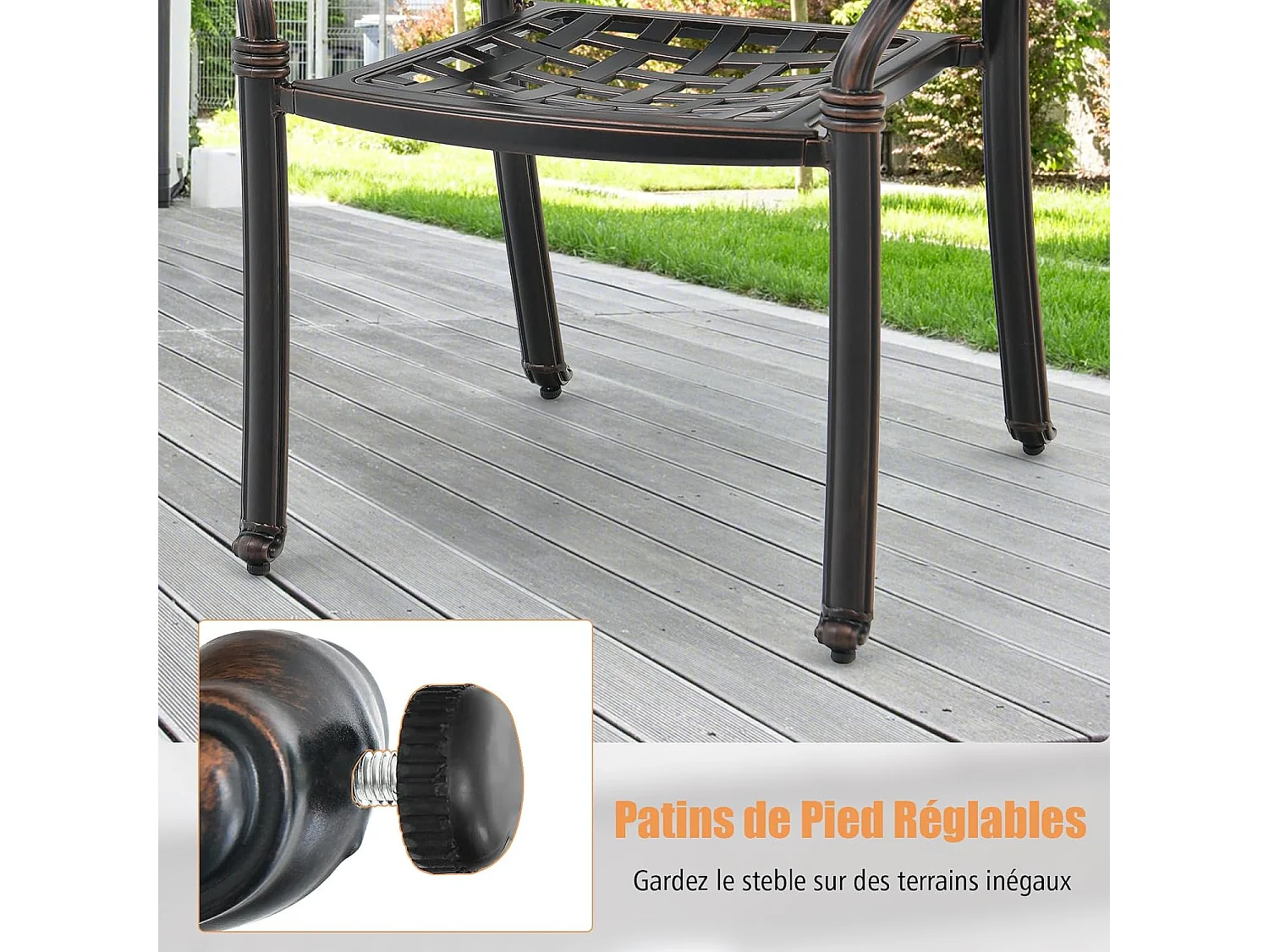 Set van 2 tuinstoelen van gegoten aluminium met armleuningen, stapelbare tuinstoel, voor terras, balkon, tuin (brons, geruit)