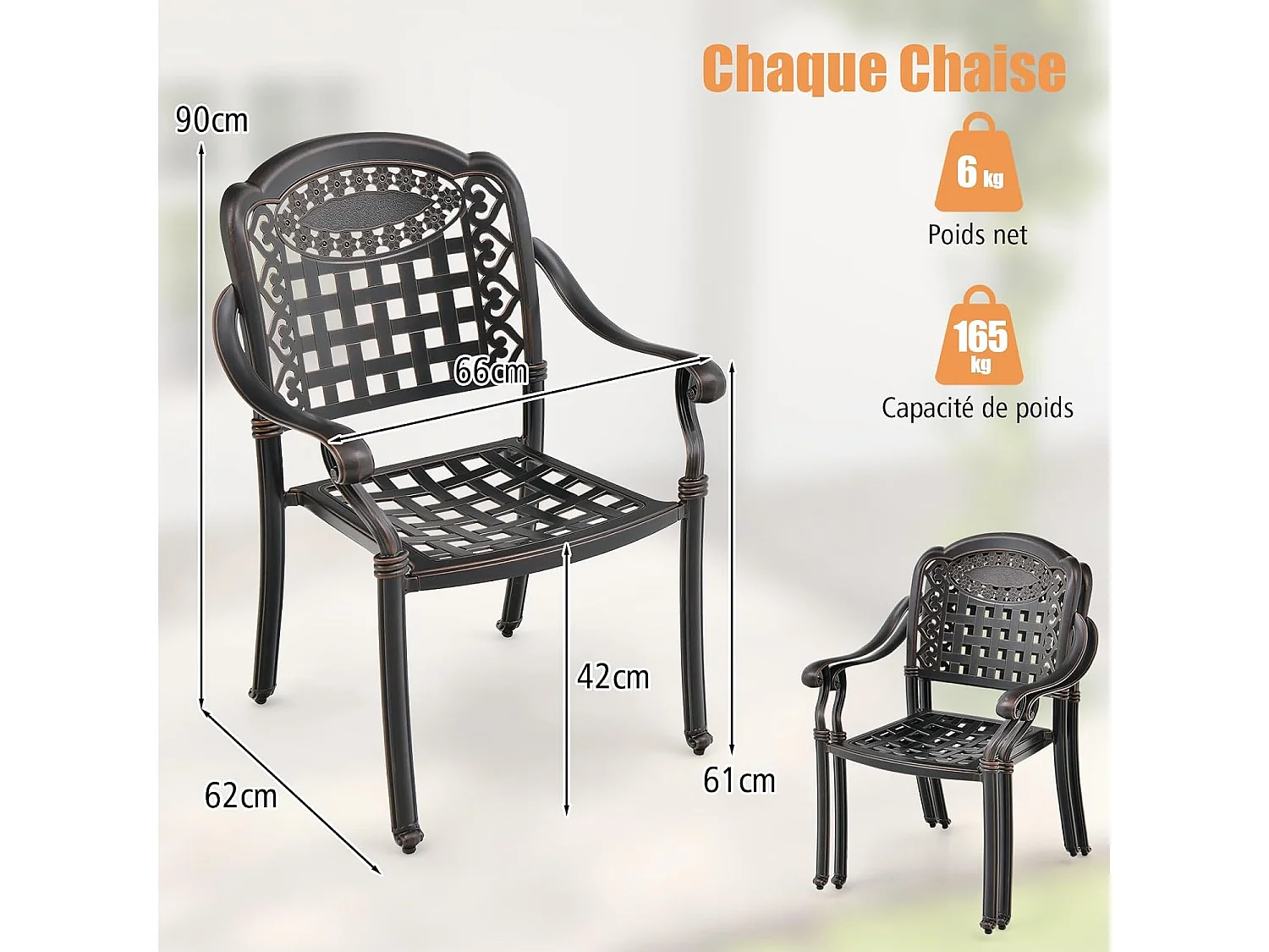 Set van 2 tuinstoelen van gegoten aluminium met armleuningen, stapelbare tuinstoel, voor terras, balkon, tuin (brons, geruit)