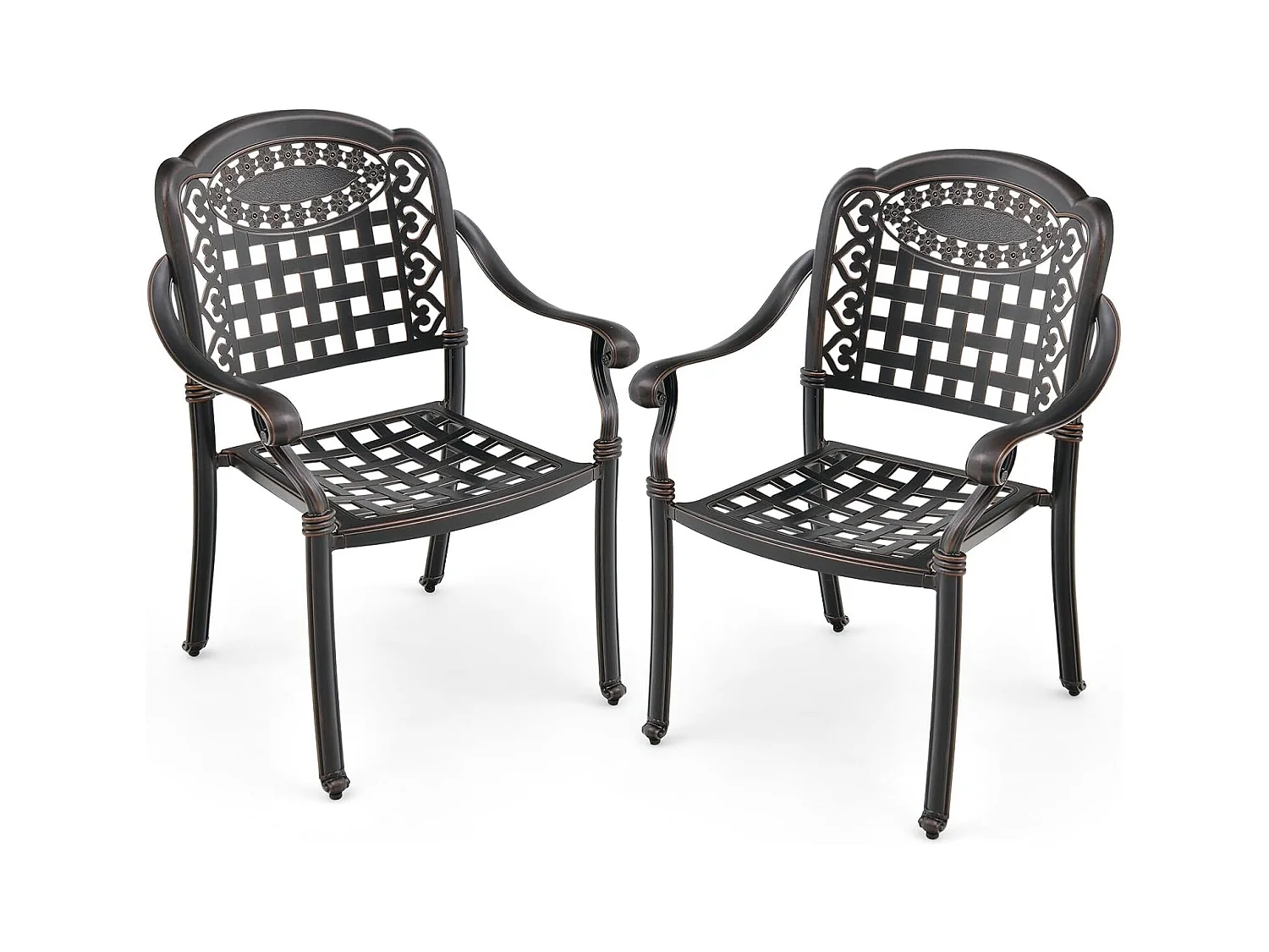 Lot de 2 Chaises de Jardin en Fonte d’Aluminium, avec Accoudoirs, Chaise Extérieur Empilable, pour Terrasse, Balcon, Cour(Bronze, en Damier)