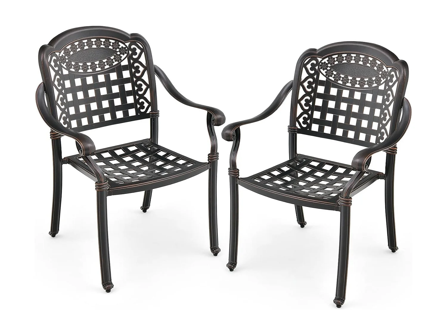 Lot de 2 Chaises de Jardin en Fonte d’Aluminium, avec Accoudoirs, Chaise Extérieur Empilable, pour Terrasse, Balcon, Cour(Bronze, en Damier)