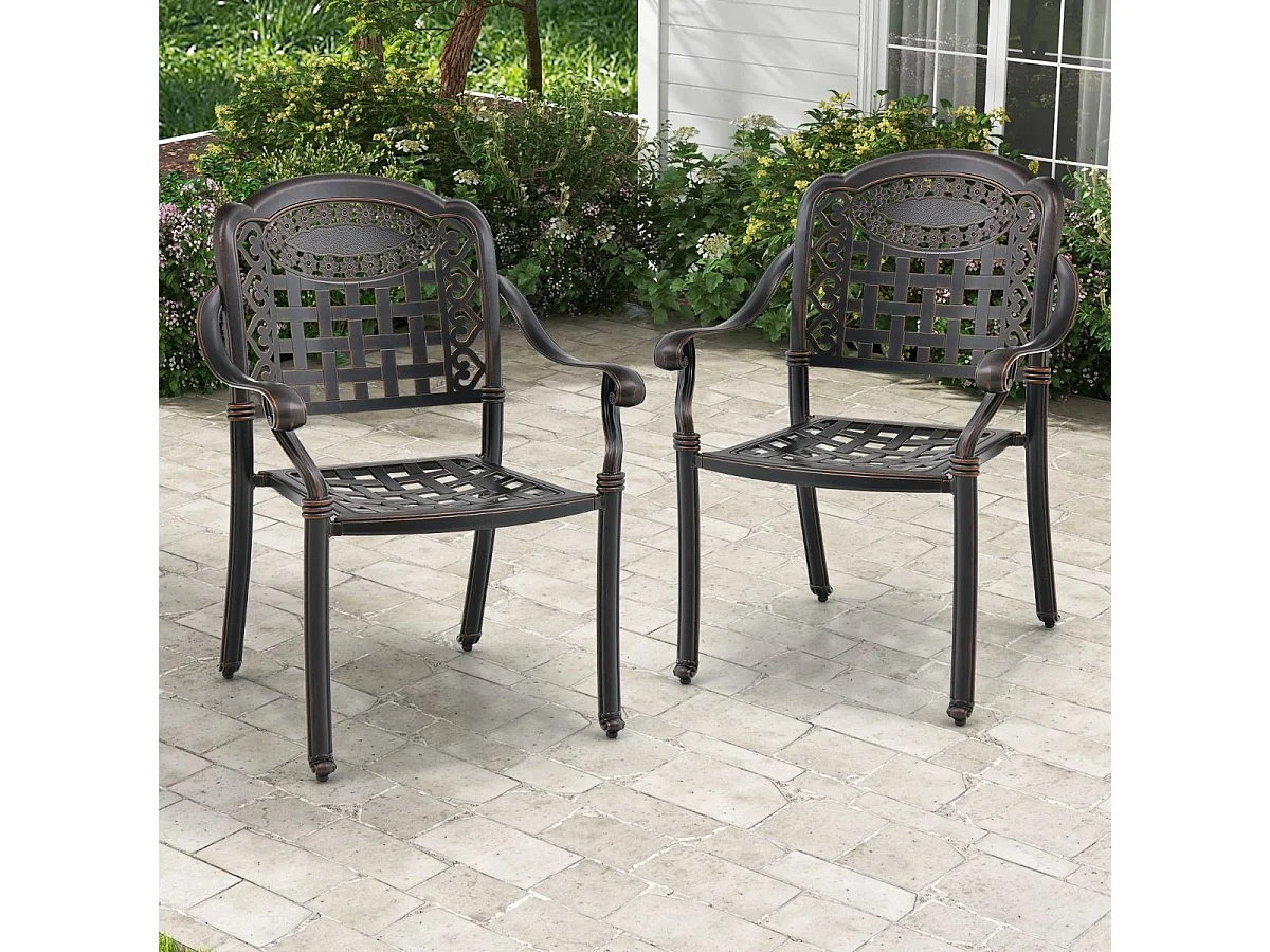 Lot de 2 Chaises de Jardin en Fonte d’Aluminium, avec Accoudoirs, Chaise Extérieur Empilable, pour Terrasse, Balcon, Cour(Bronze, en Damier)