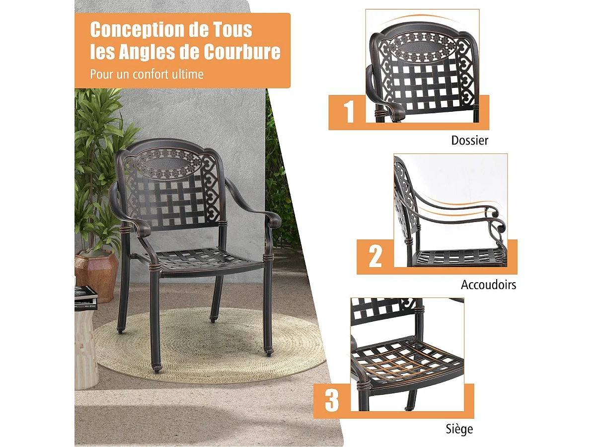Lot de 2 Chaises de Jardin en Fonte d’Aluminium, avec Accoudoirs, Chaise Extérieur Empilable, pour Terrasse, Balcon, Cour(Bronze, en Damier)