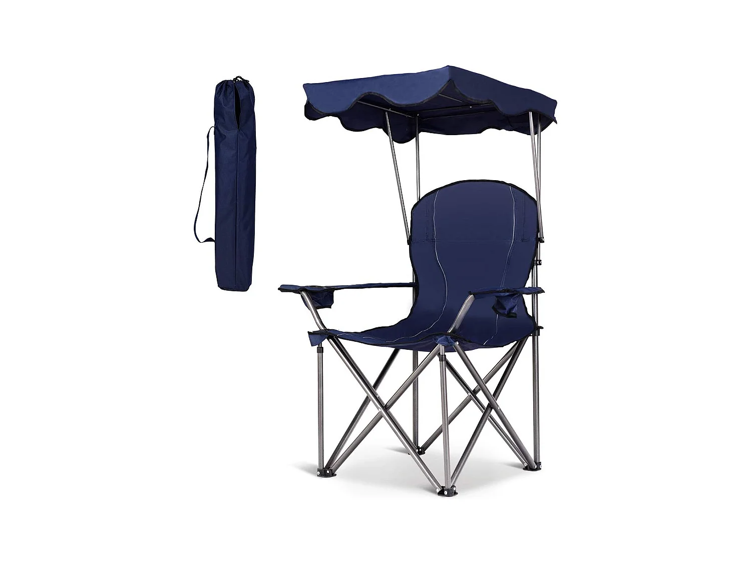 Chaise de Camping avec Parasol/Chaise de Plage Pliante avec Porte-gobelet,Accoudoirs Portable 120 KG (Bleu)