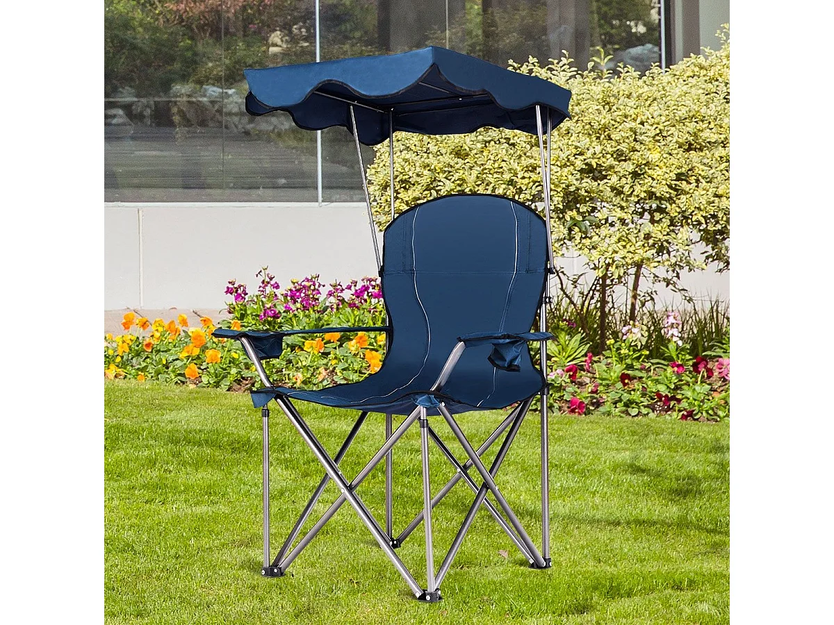 Chaise de Camping avec Parasol/Chaise de Plage Pliante avec Porte-gobelet,Accoudoirs Portable 120 KG (Bleu)