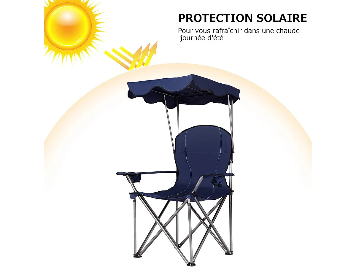 Chaise de Camping avec Parasol/Chaise de Plage Pliante avec Porte-gobelet,Accoudoirs Portable 120 KG (Bleu)